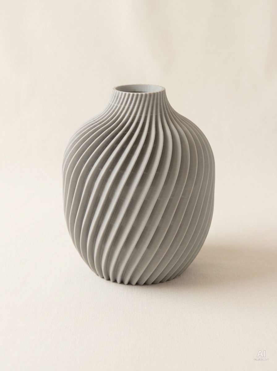Vaso Kivan a forma di uovo con nervature sottili a spirale, stampato in 3D in PLA grigio chiaro.