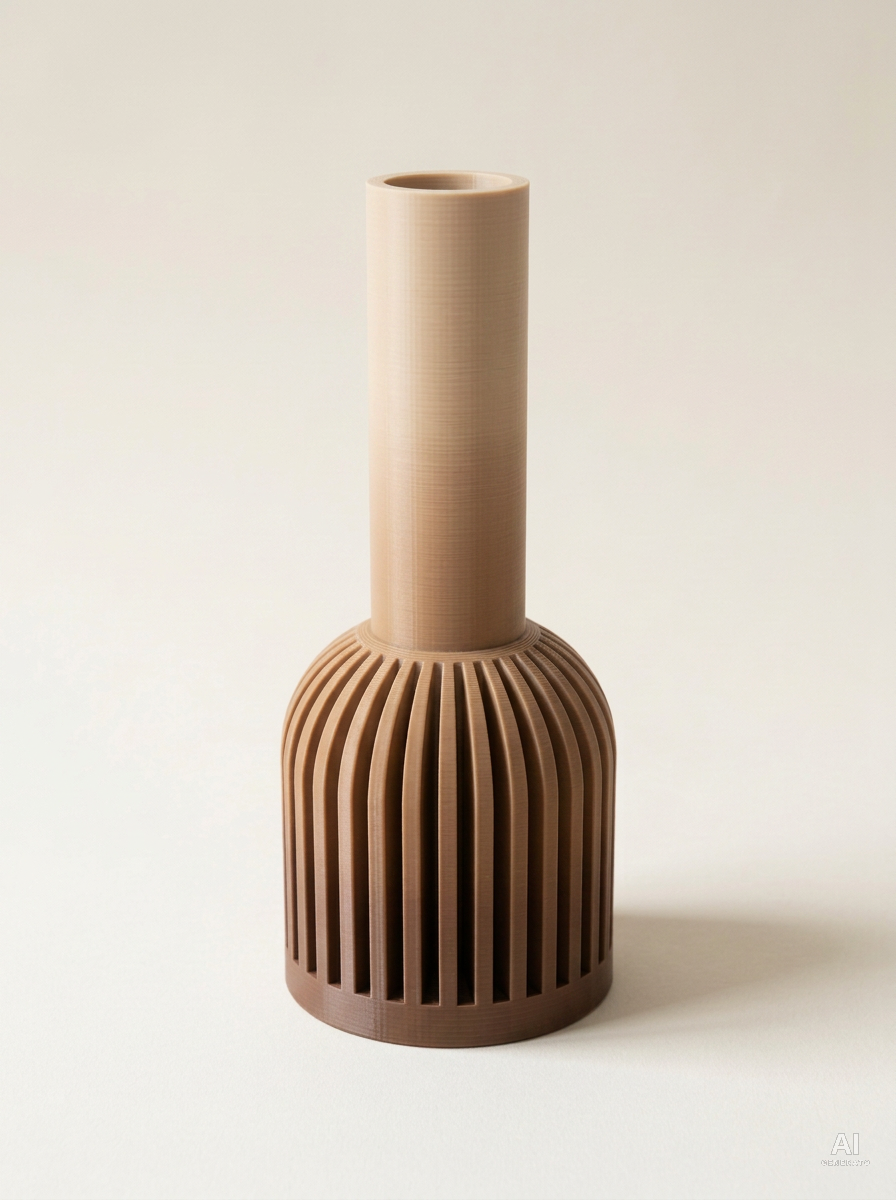 Lira — Vaso decorativo a costine stampato in 3D - effetto gradiente - Cappuccino Sfumato