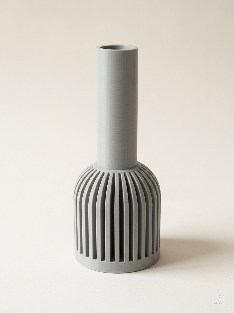 Vaso design Lira di KILAU, colore grigio chiaro, con base a lamelle verticali e collo cilindrico, ideale per decorazione d'interni.