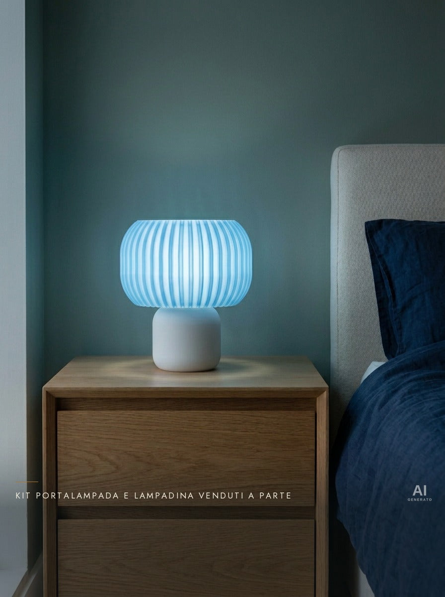 Lumo – Lampada paralume – stampata in 3D — ambientata sera accesa — paralume stampato in 3D