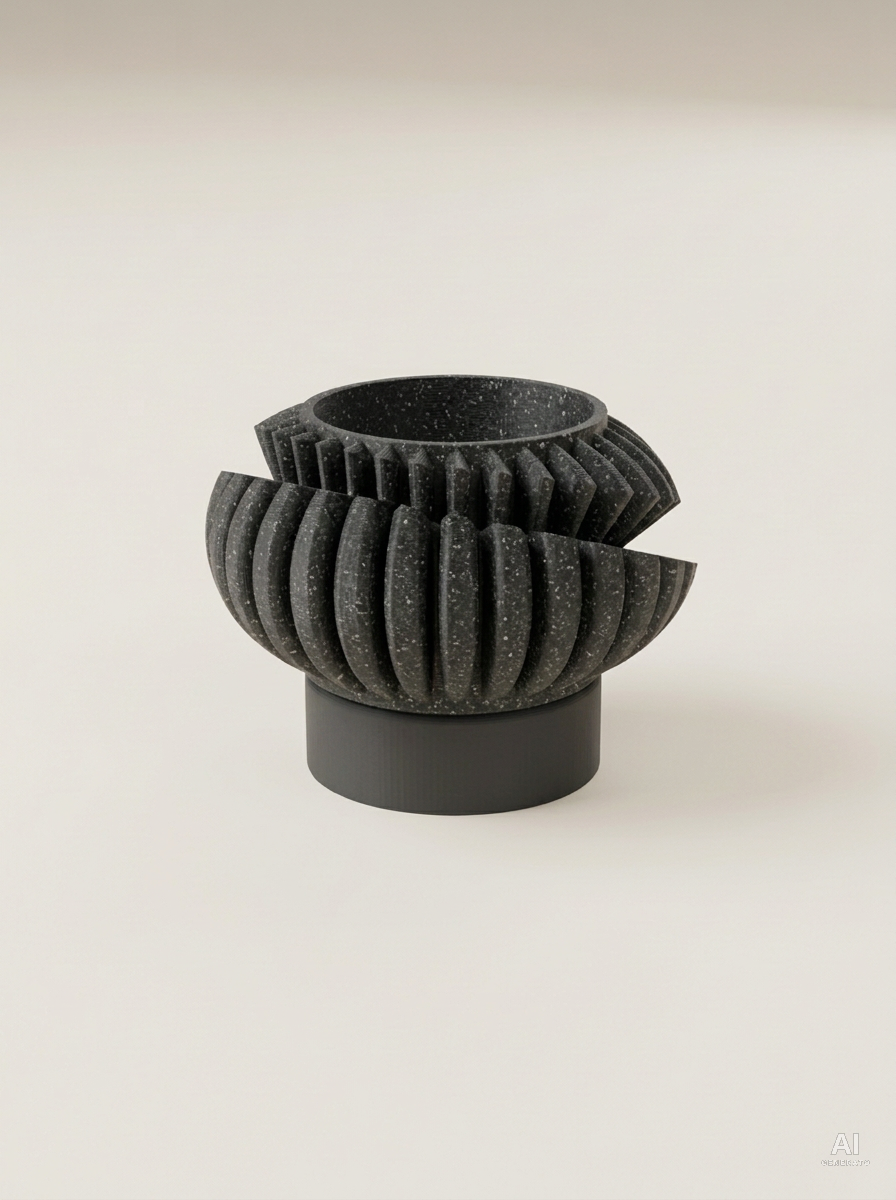 Luxira — Vaso ad alette con sottovaso, stampato in 3D - Grigio Pietra / Carbone