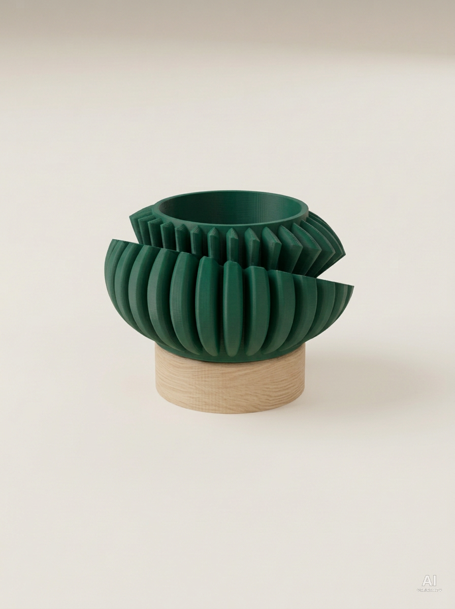 Luxira — Vaso ad alette con sottovaso, stampato in 3D - Verde Scuro / Legno Rovere