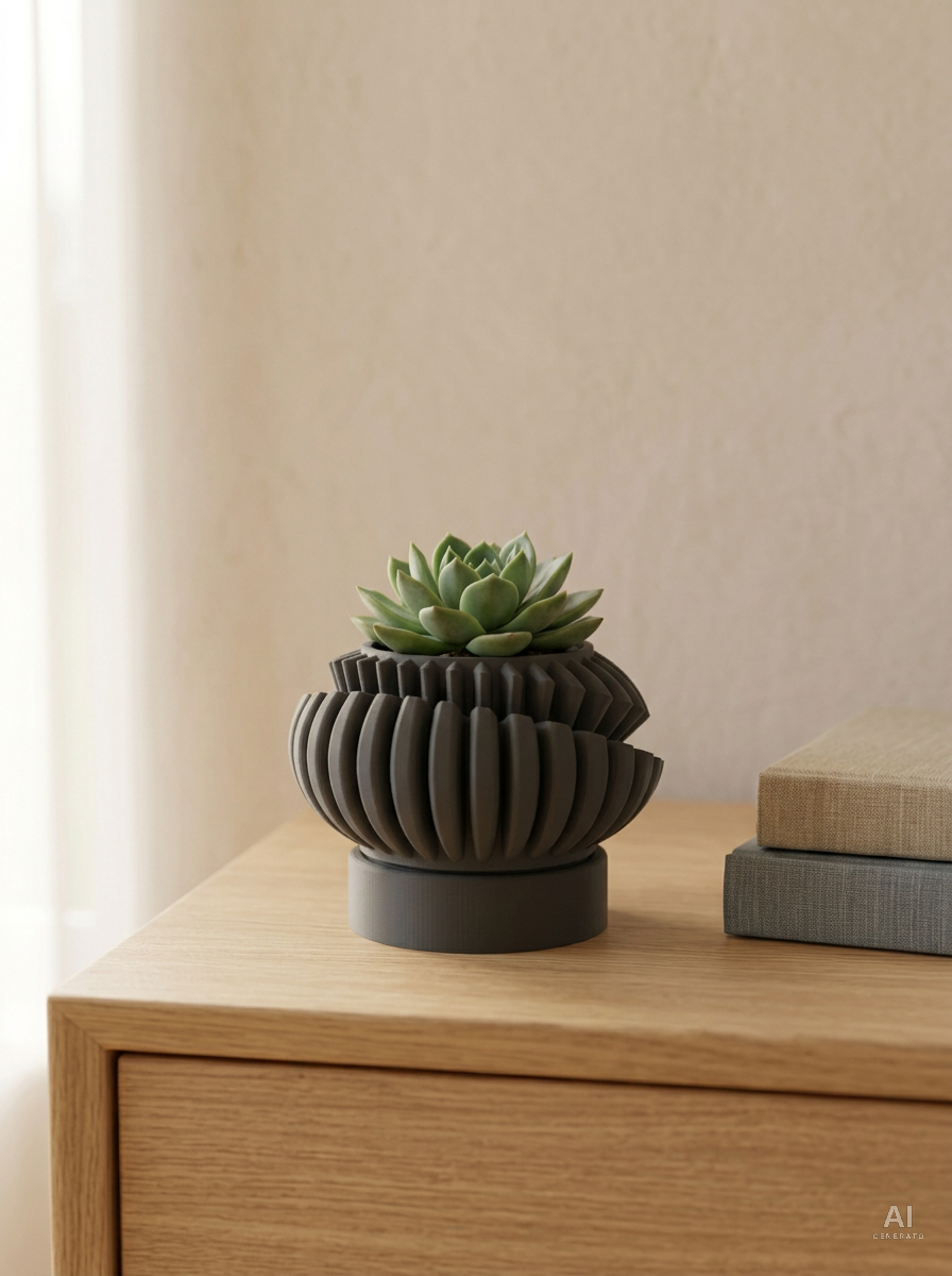 Luxira — Vaso ad alette con sottovaso, stampato in 3D — ambientata — vaso design