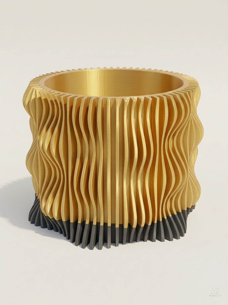 Muxel — Vaso a lamelle con sottovaso, stampato in 3D - Oro Silk / Carbone