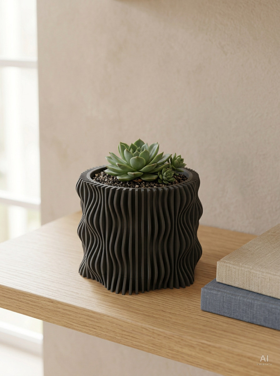 Muxel — Vaso a lamelle con sottovaso, stampato in 3D — ambientata — vaso design