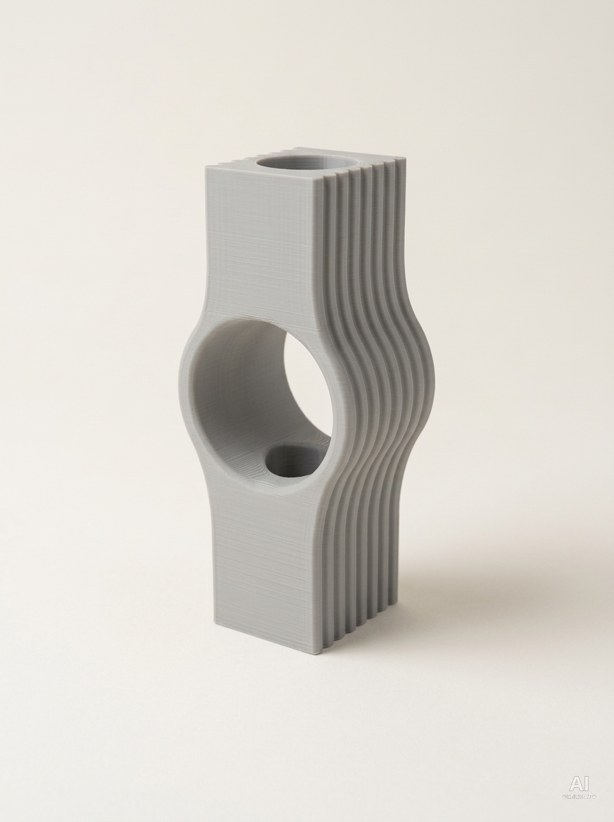 Vaso Nallo a lastra con grande foro rotondo passante e fianchi nervati, stampato in 3D in PLA grigio chiaro.