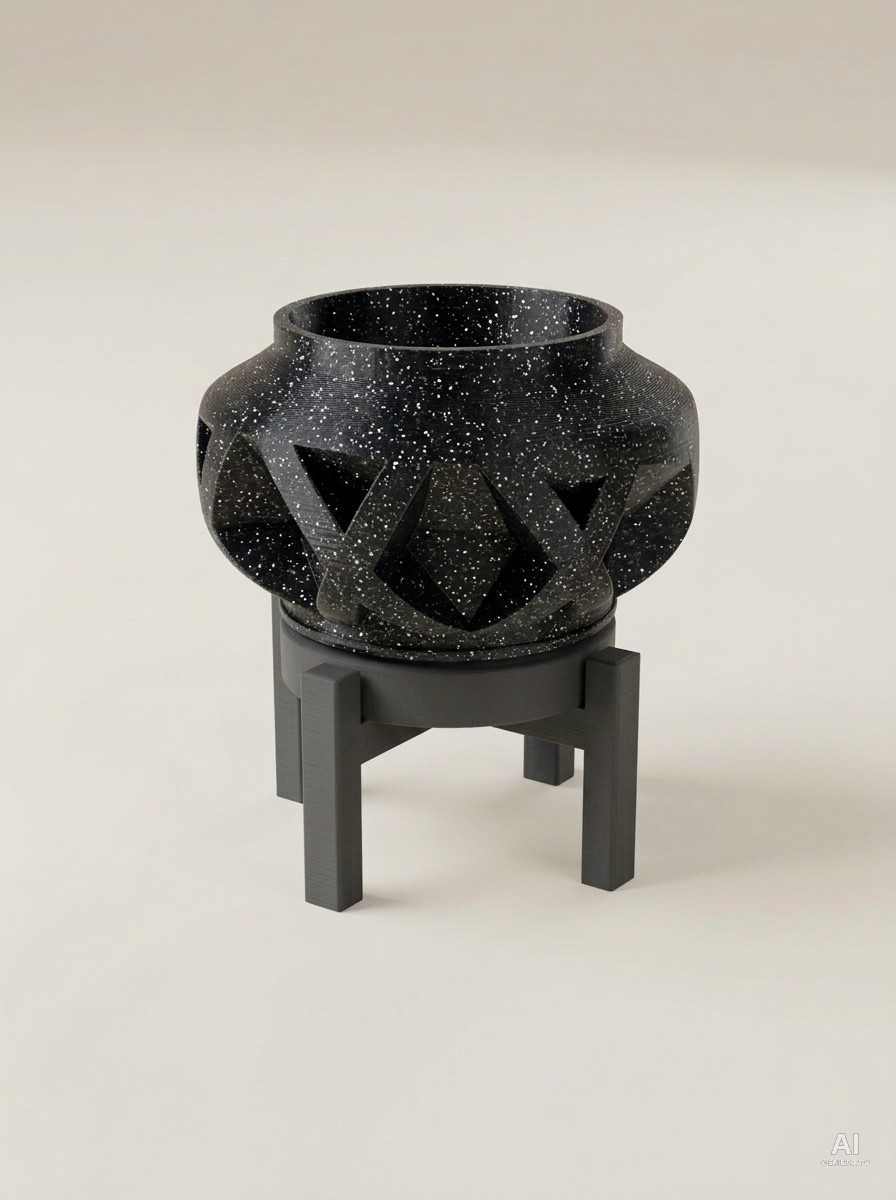 Nomio — Vaso a fasce incrociate con sottovaso e supporto, in 3D - Nero Glitter / Carbone