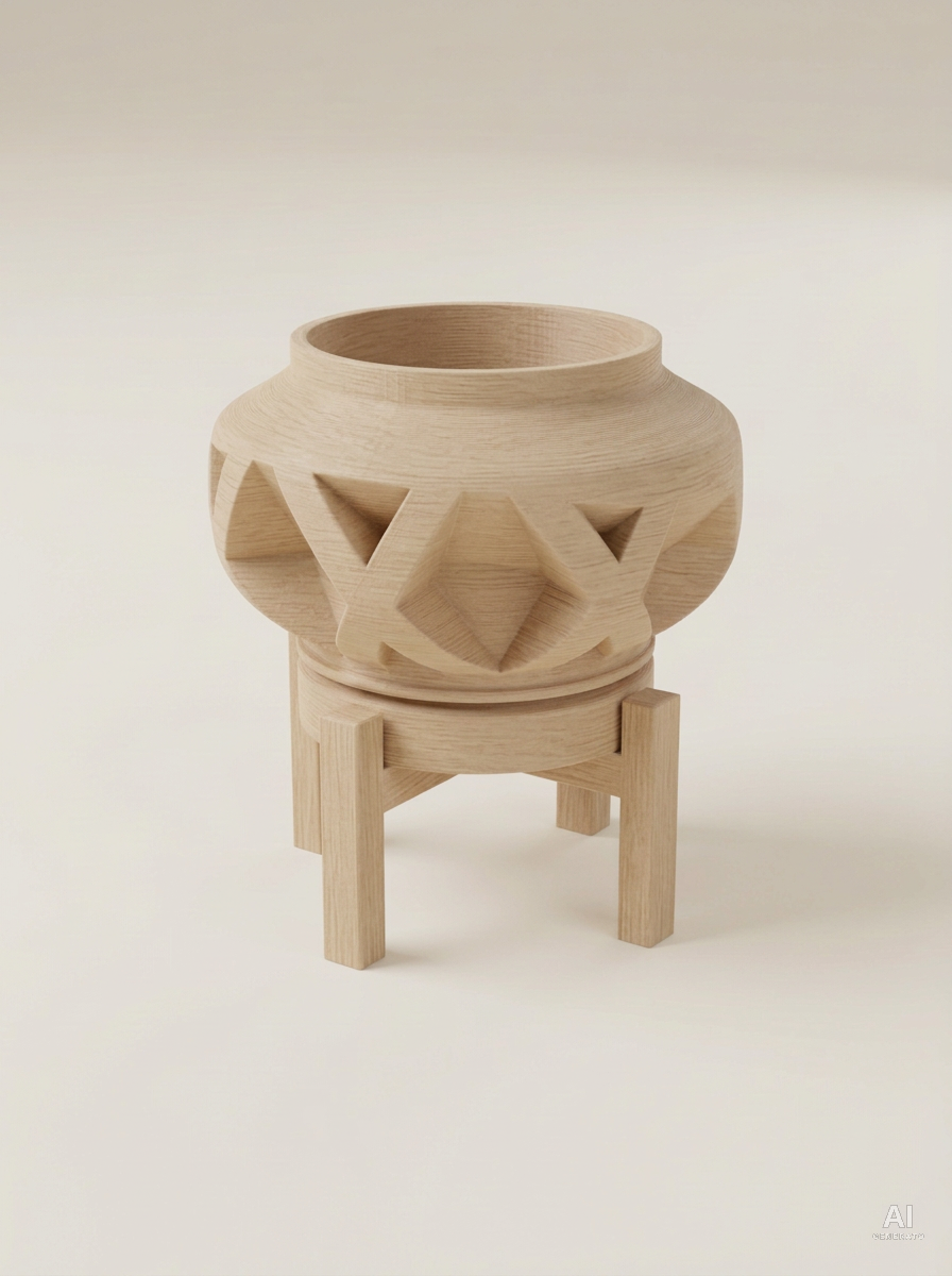 Nomio — Vaso a fasce incrociate con sottovaso e supporto, in 3D - Legno Rovere / Legno Rovere