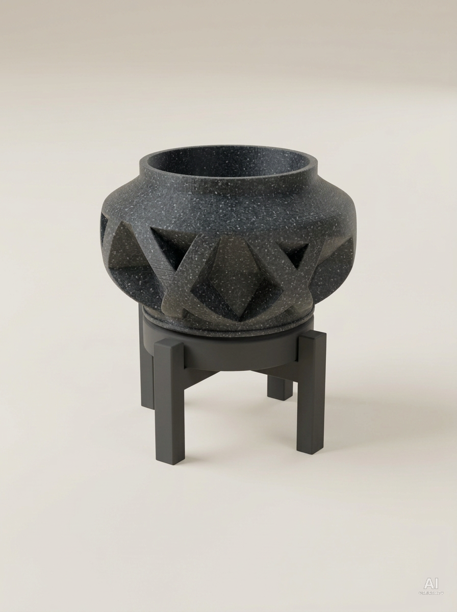Nomio — Vaso a fasce incrociate con sottovaso e supporto, in 3D - Grigio Pietra / Carbone