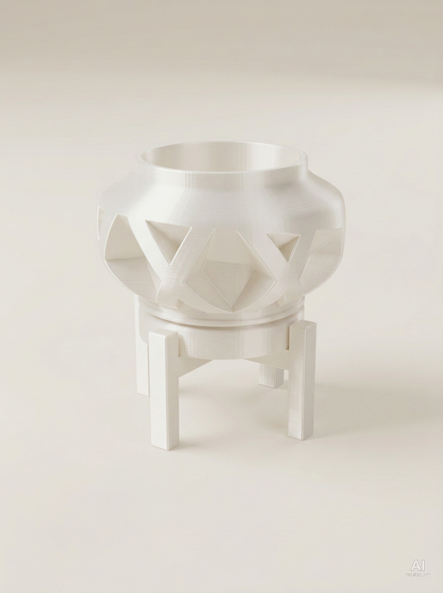 Nomio — Vaso a fasce incrociate con sottovaso e supporto, in 3D - Bianco Silk / Bianco Silk
