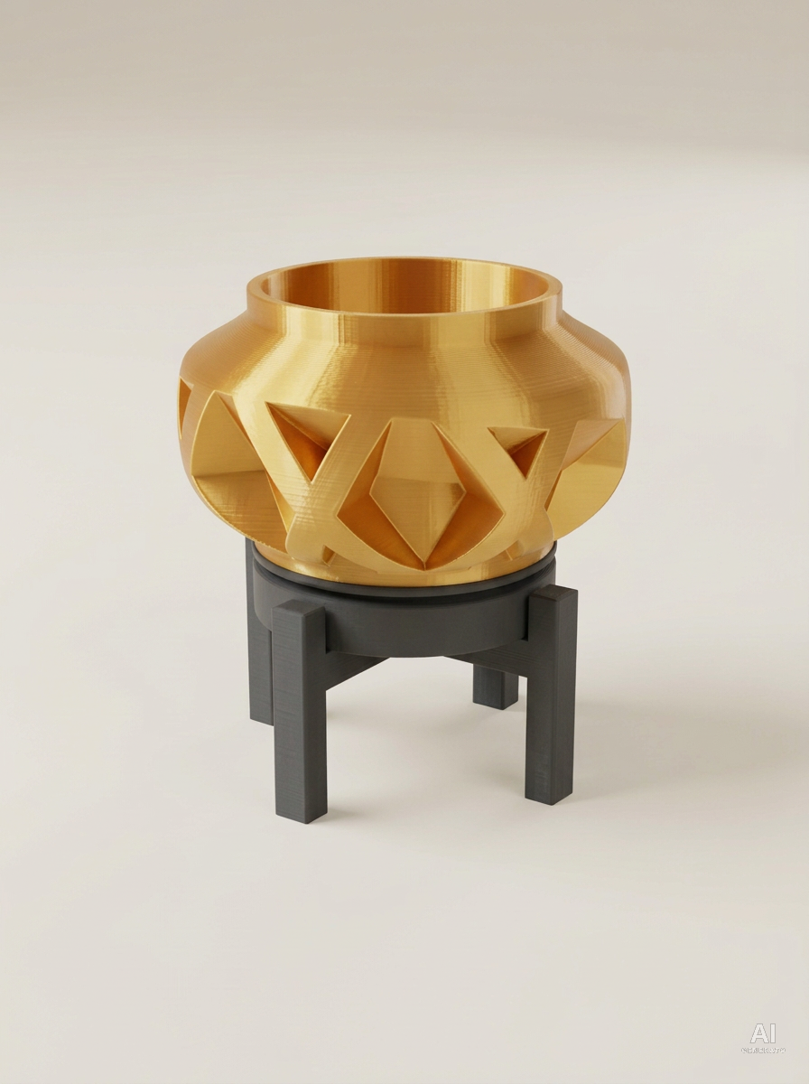 Nomio — Vaso a fasce incrociate con sottovaso e supporto, in 3D - Oro Silk / Carbone