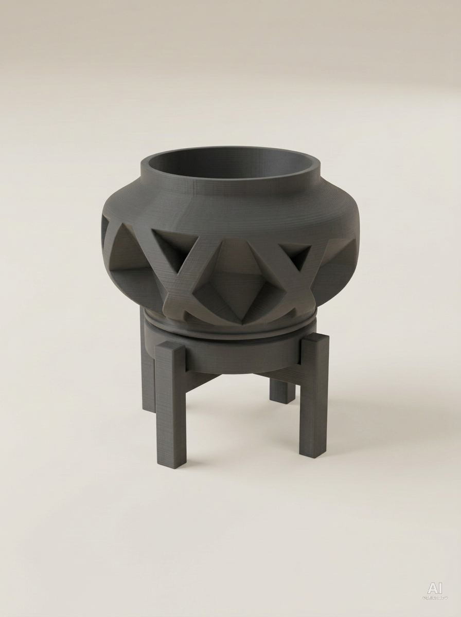 Nomio — Vaso a fasce incrociate con sottovaso e supporto, in 3D - Carbone / Carbone