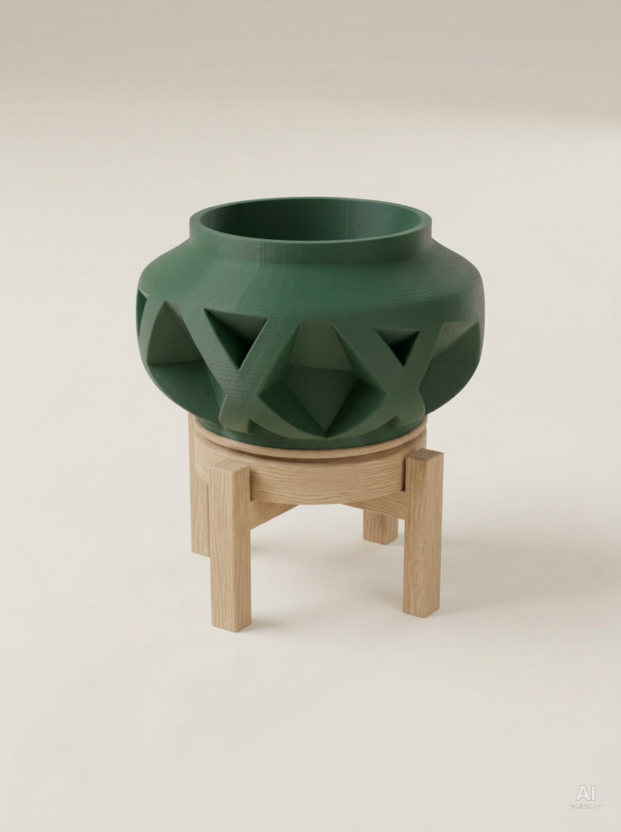 Nomio — Vaso a fasce incrociate con sottovaso e supporto, in 3D - Verde Scuro / Legno Rovere