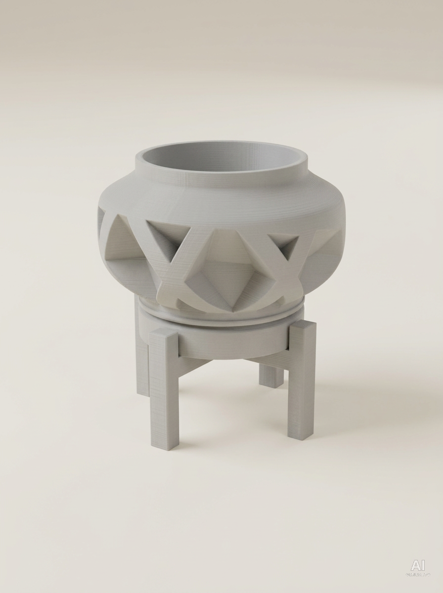 Vaso Nomio con grandi fasce in rilievo incrociate a X, con sottovaso e supporto a quattro gambe, stampato in 3D in PLA grigio chiaro.