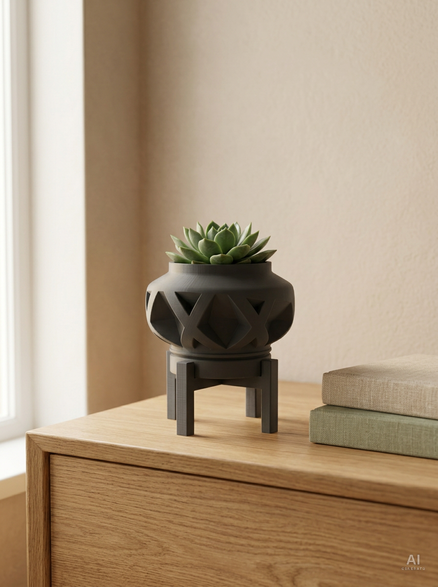 Nomio — Vaso a fasce incrociate con sottovaso e supporto, in 3D — ambientata — vaso design