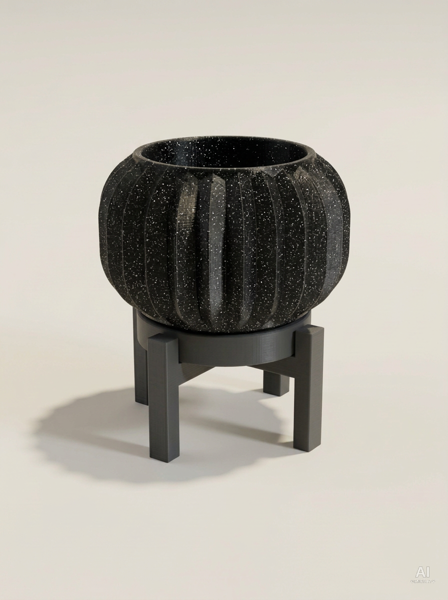 Olin — Vaso a pieghe sottili con sottovaso e supporto, stampato in 3D - Nero Glitter / Carbone