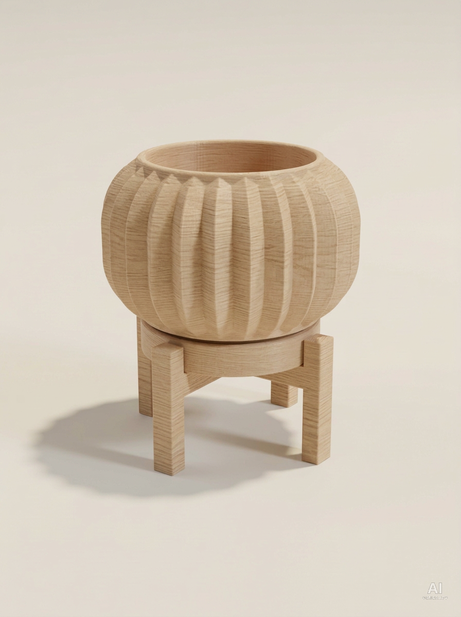 Olin — Vaso a pieghe sottili con sottovaso e supporto, stampato in 3D - Legno Rovere / Legno Rovere