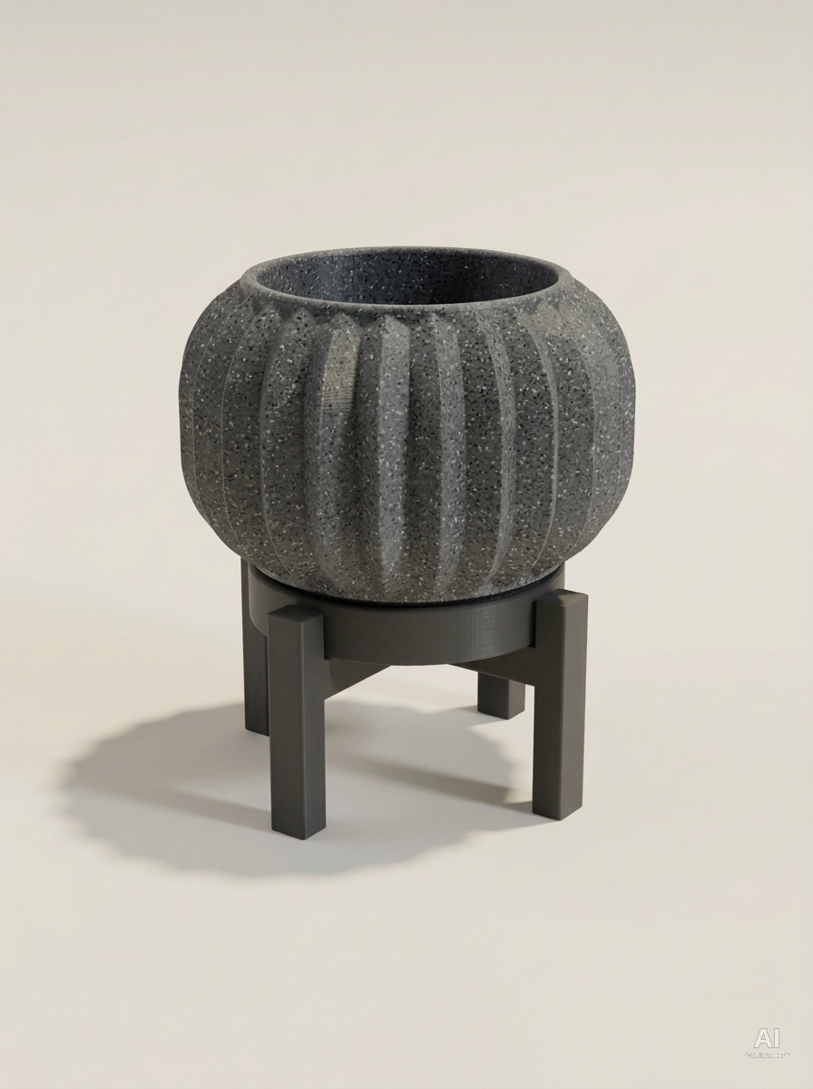 Olin — Vaso a pieghe sottili con sottovaso e supporto, stampato in 3D - Grigio Pietra / Carbone