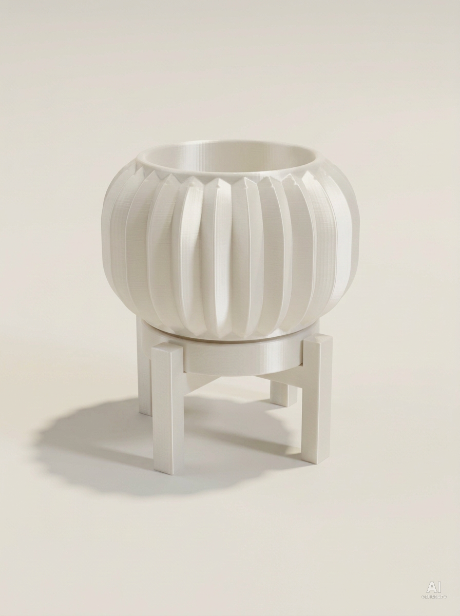 Olin — Vaso a pieghe sottili con sottovaso e supporto, stampato in 3D - Bianco Silk / Bianco Silk