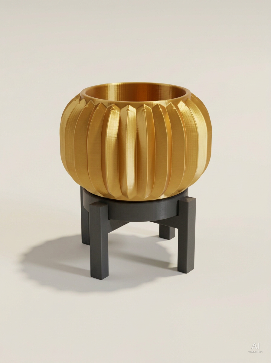 Olin — Vaso a pieghe sottili con sottovaso e supporto, stampato in 3D - Oro Silk / Carbone