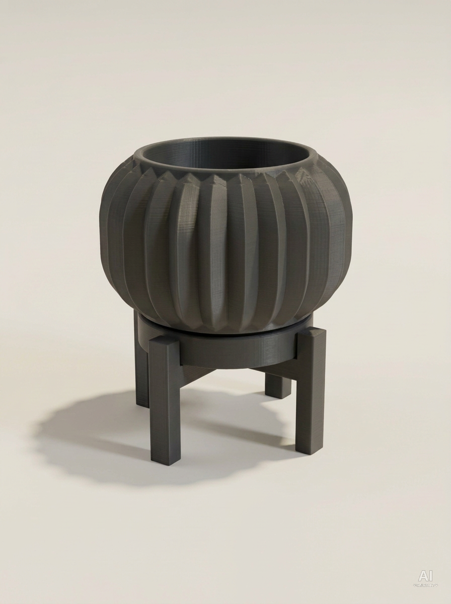 Olin — Vaso a pieghe sottili con sottovaso e supporto, stampato in 3D - Carbone / Carbone
