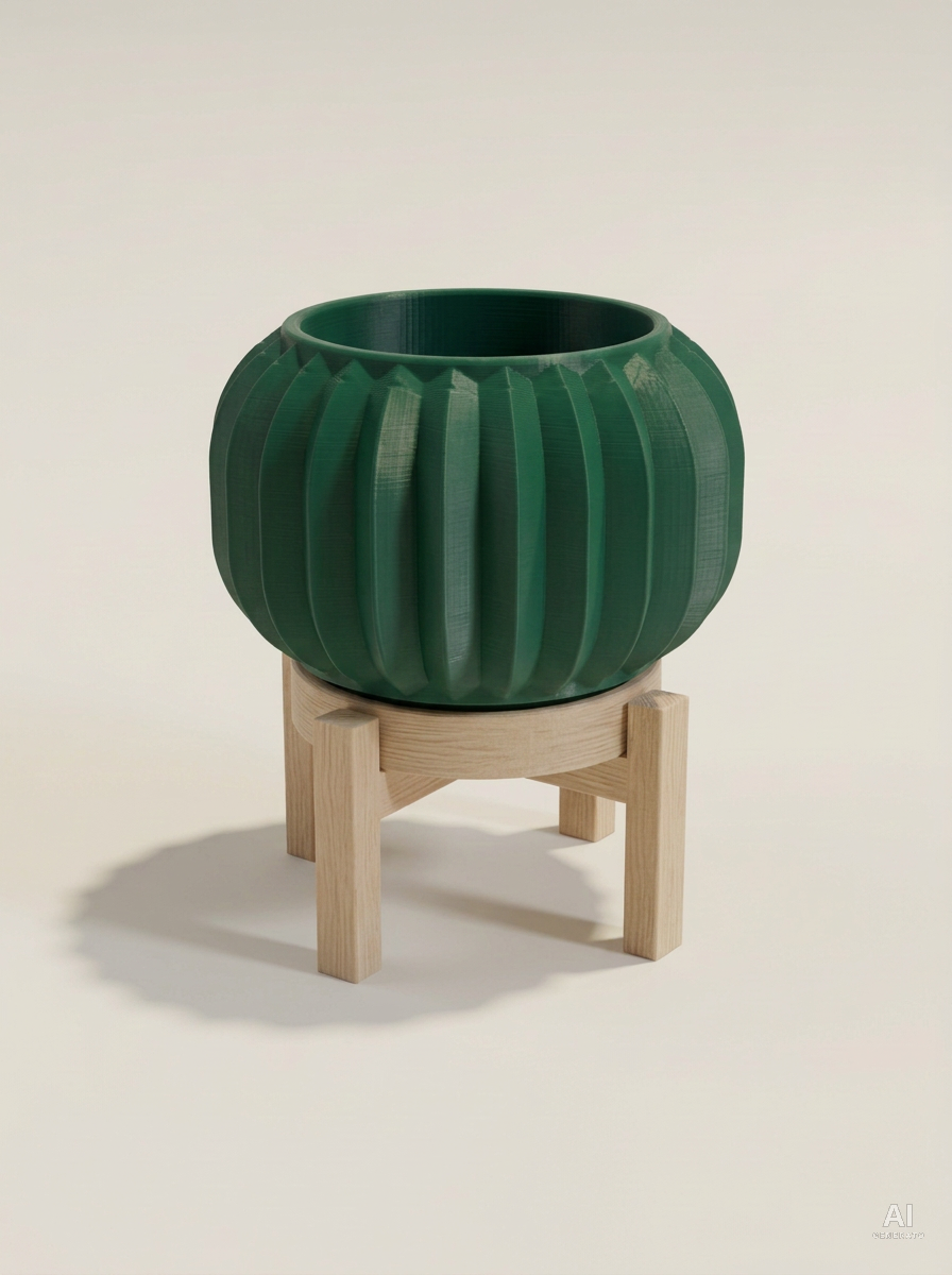 Olin — Vaso a pieghe sottili con sottovaso e supporto, stampato in 3D - Verde Scuro / Legno Rovere