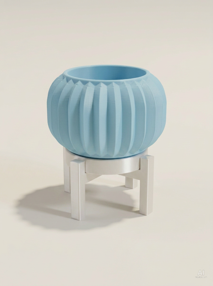 Olin — Vaso a pieghe sottili con sottovaso e supporto, stampato in 3D - Blu Ghiaccio / Bianco Silk
