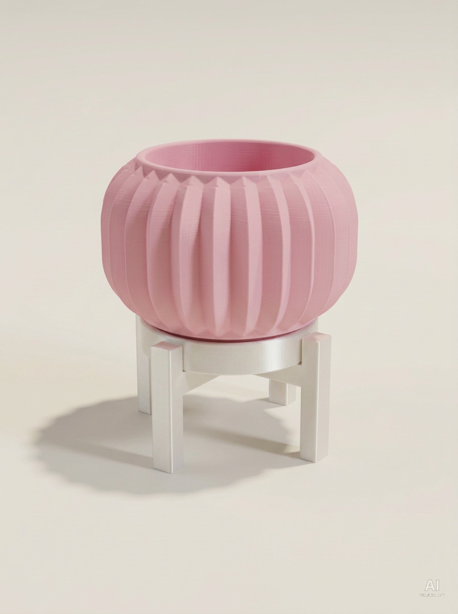 Olin — Vaso a pieghe sottili con sottovaso e supporto, stampato in 3D - Rosa / Bianco Silk