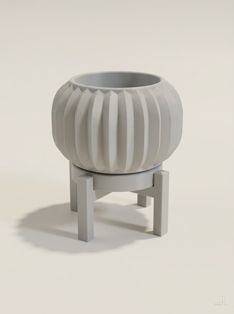 Vaso Olin a botte con sottili pieghe verticali, con sottovaso e supporto a quattro gambe, stampato in 3D in PLA grigio chiaro.