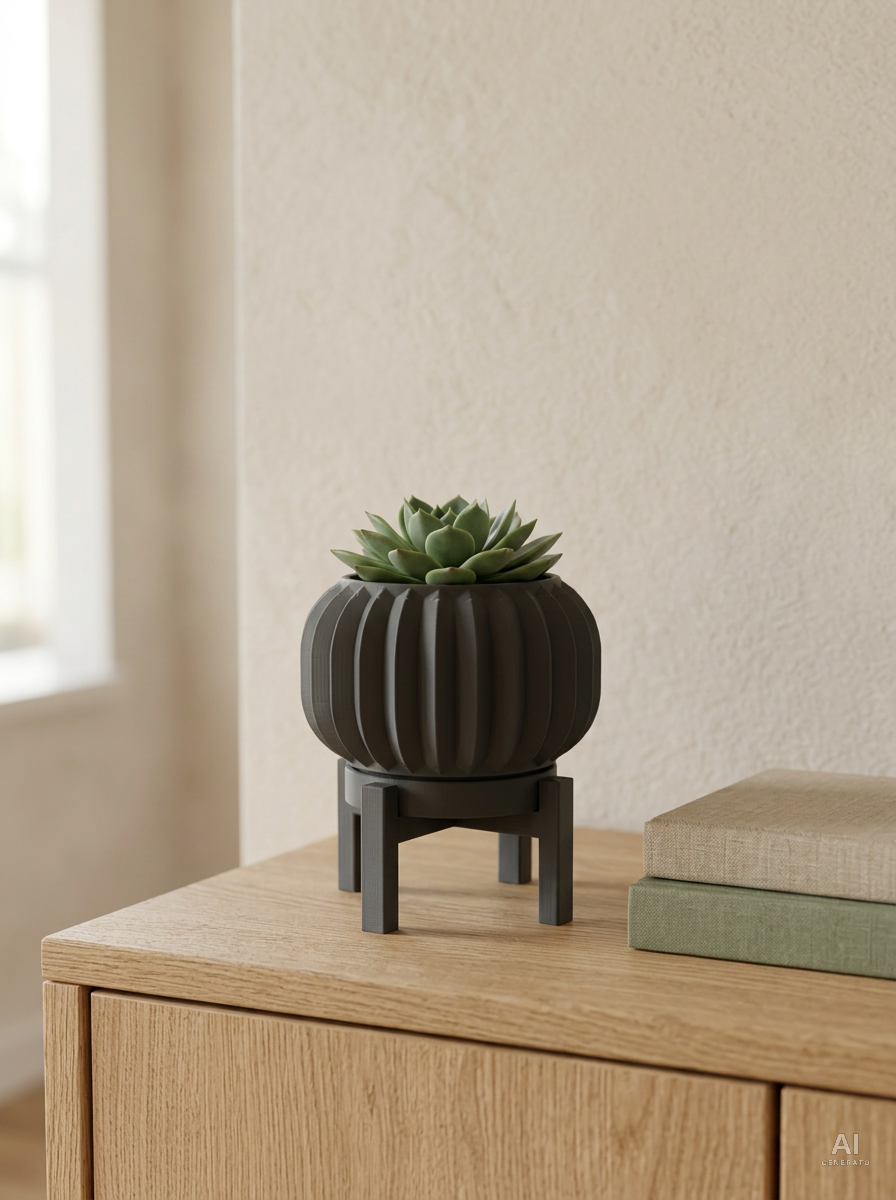 Olin — Vaso a pieghe sottili con sottovaso e supporto, stampato in 3D — ambientata — vaso design