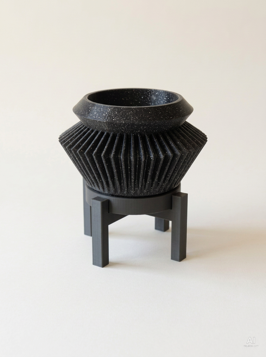 Quano — Vaso a fisarmonica con sottovaso e supporto, stampato in 3D - Nero Glitter / Carbone