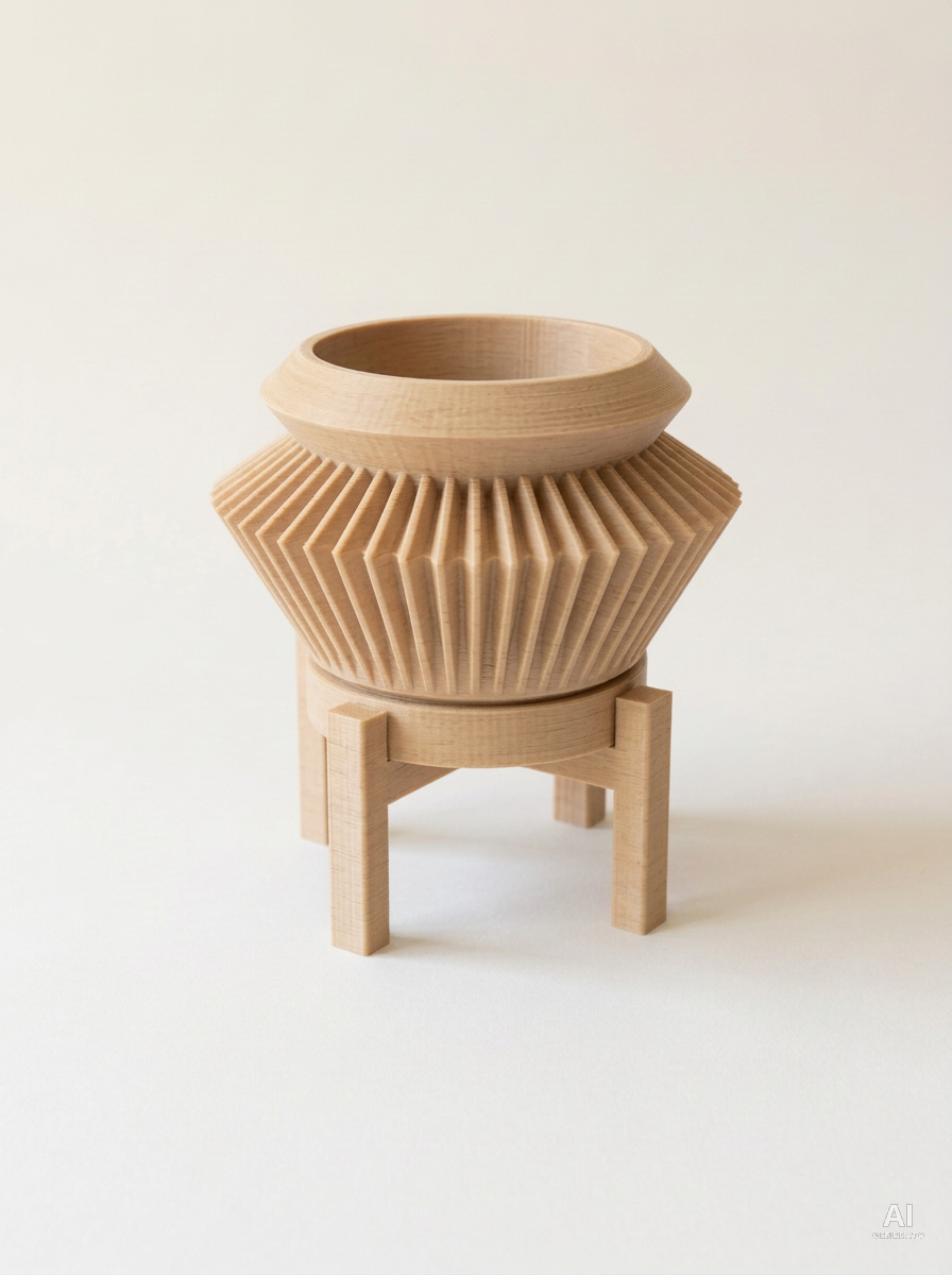 Quano — Vaso a fisarmonica con sottovaso e supporto, stampato in 3D - Legno Rovere / Legno Rovere