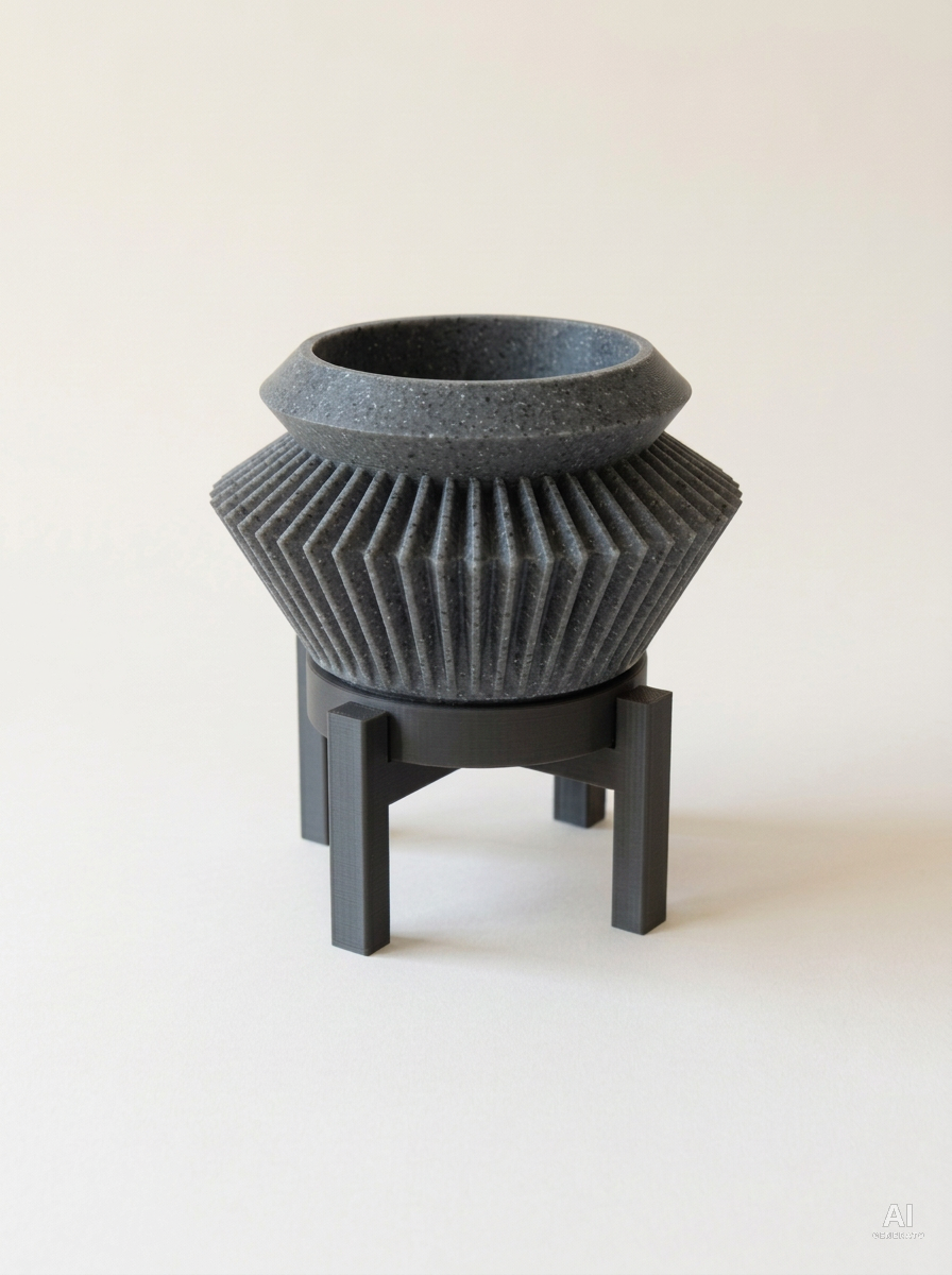 Quano — Vaso a fisarmonica con sottovaso e supporto, stampato in 3D - Grigio Pietra / Carbone