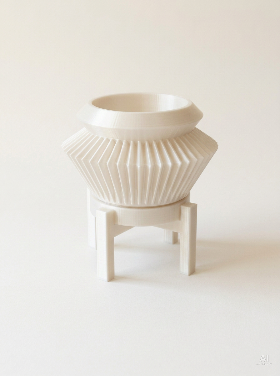 Quano — Vaso a fisarmonica con sottovaso e supporto, stampato in 3D - Bianco Silk / Bianco Silk