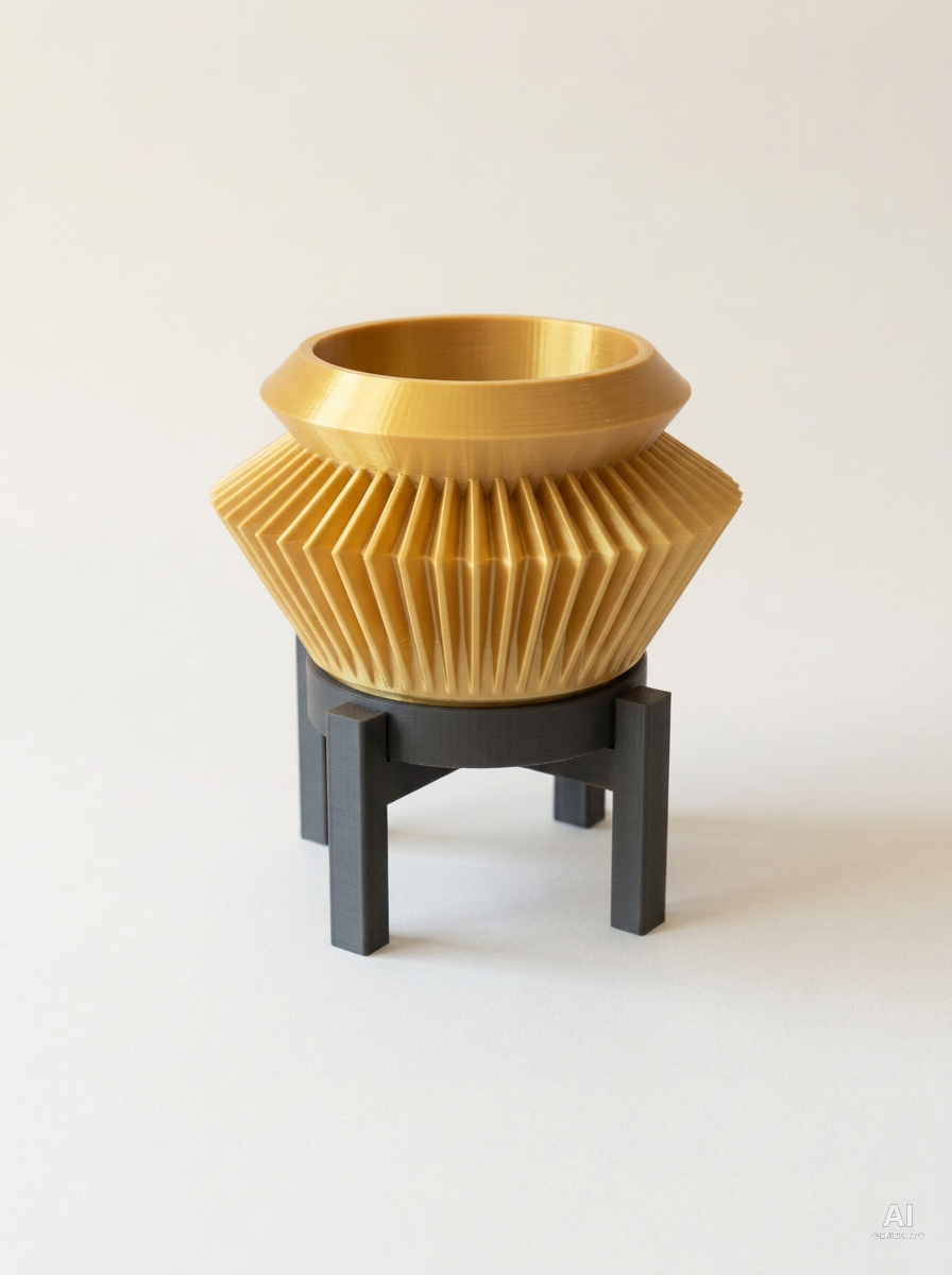 Quano — Vaso a fisarmonica con sottovaso e supporto, stampato in 3D - Oro Silk / Carbone