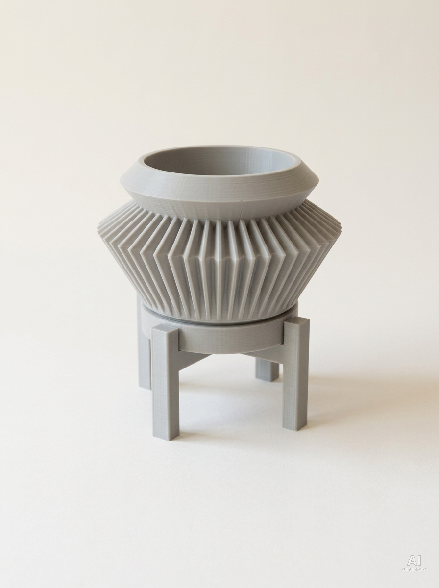 Quano — Vaso a fisarmonica con sottovaso e supporto, stampato in 3D - Grigio Chiaro / Grigio Chiaro