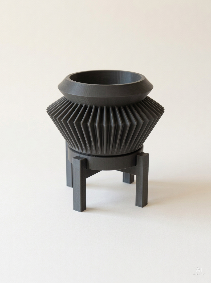 Quano — Vaso a fisarmonica con sottovaso e supporto, stampato in 3D - Carbone / Carbone