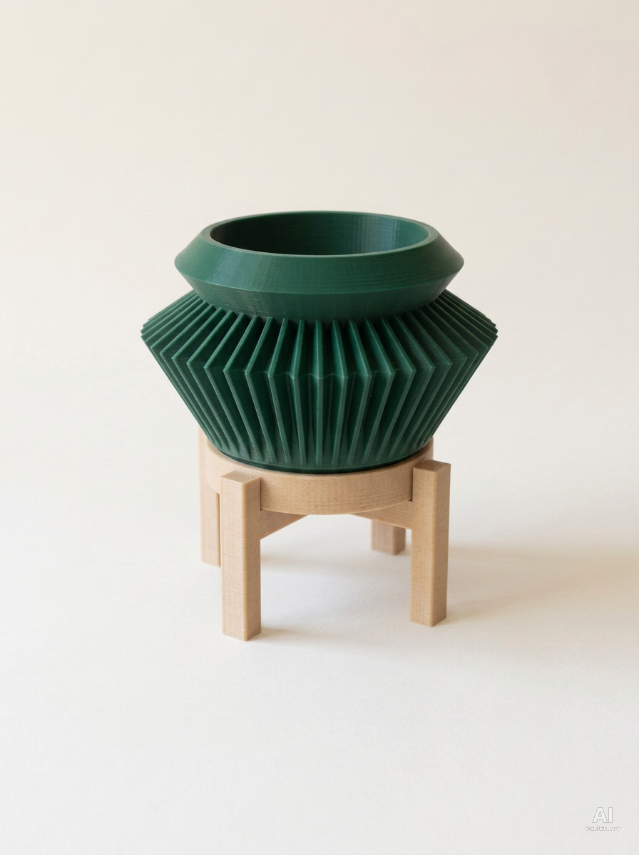Quano — Vaso a fisarmonica con sottovaso e supporto, stampato in 3D - Verde Scuro / Legno Rovere