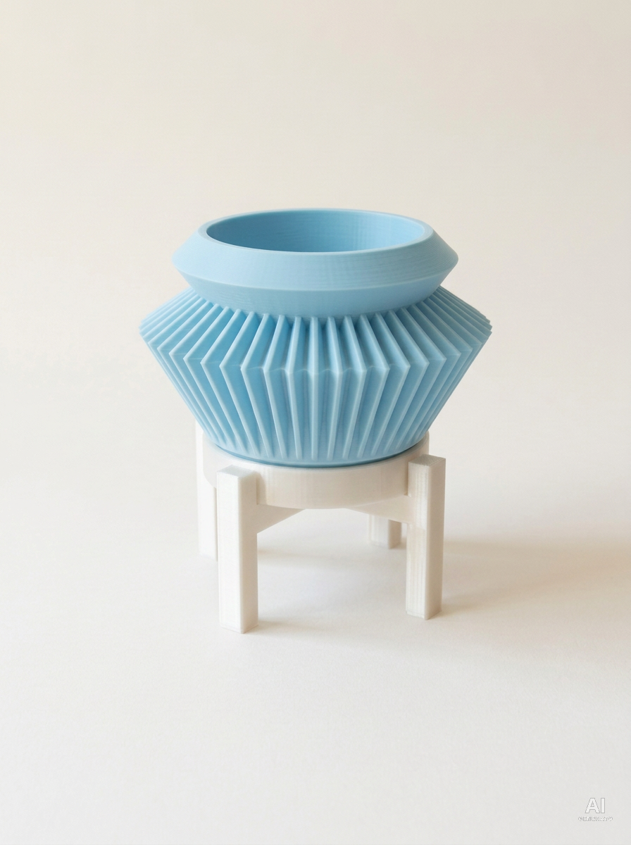 Quano — Vaso a fisarmonica con sottovaso e supporto, stampato in 3D - Blu Ghiaccio / Bianco Silk
