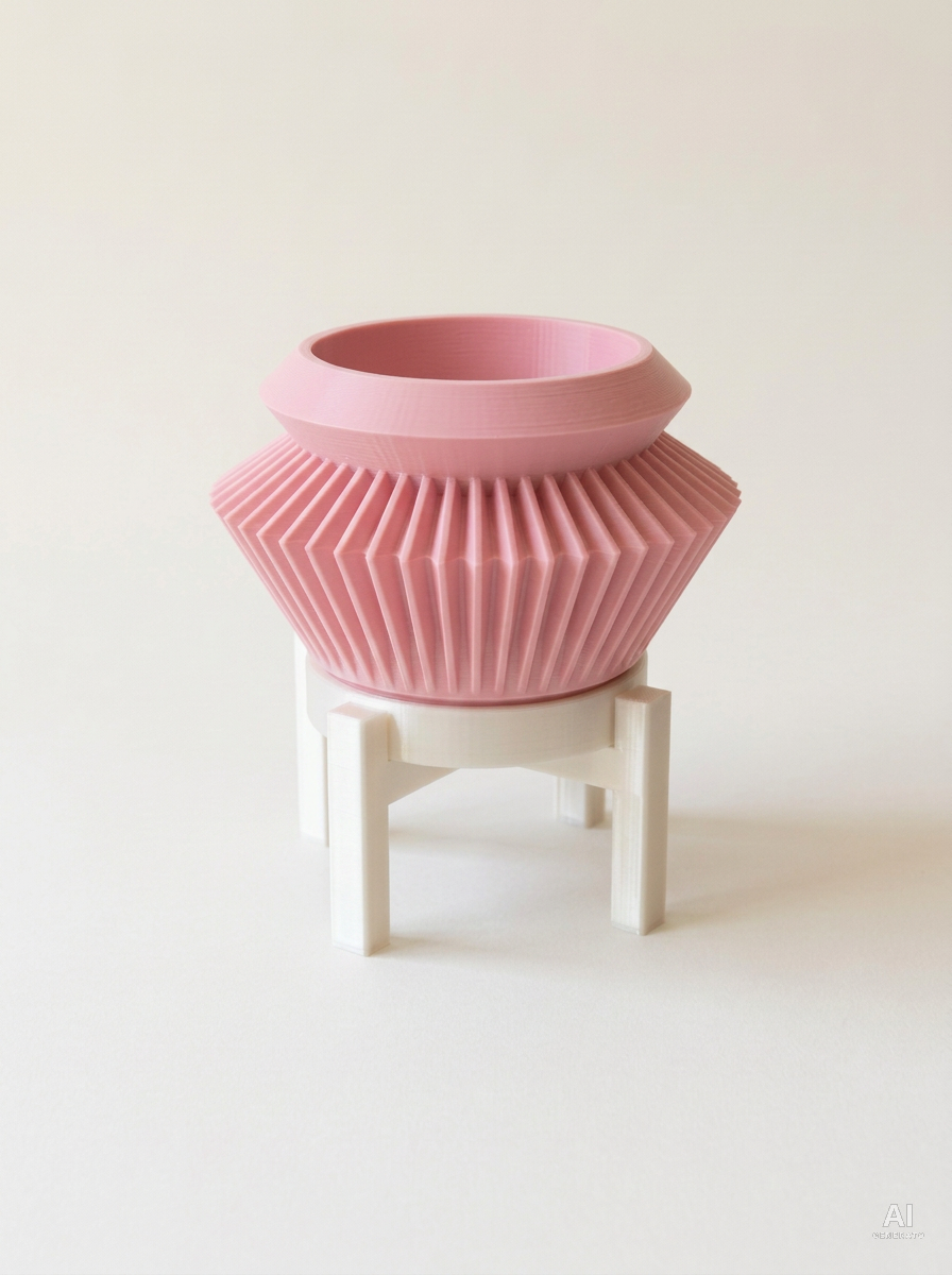 Quano — Vaso a fisarmonica con sottovaso e supporto, stampato in 3D - Rosa / Bianco Silk