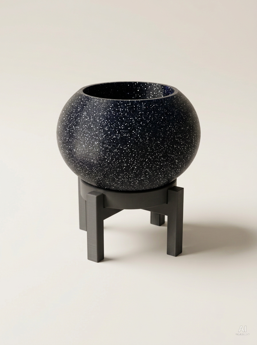 Rono — Vaso a sfera liscio con sottovaso e supporto, stampato in 3D - Nero Glitter / Carbone