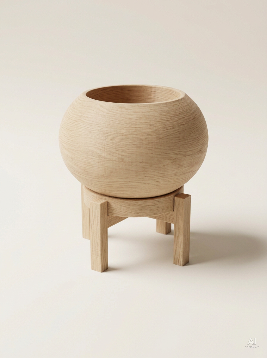 Rono — Vaso a sfera liscio con sottovaso e supporto, stampato in 3D - Legno Rovere / Legno Rovere