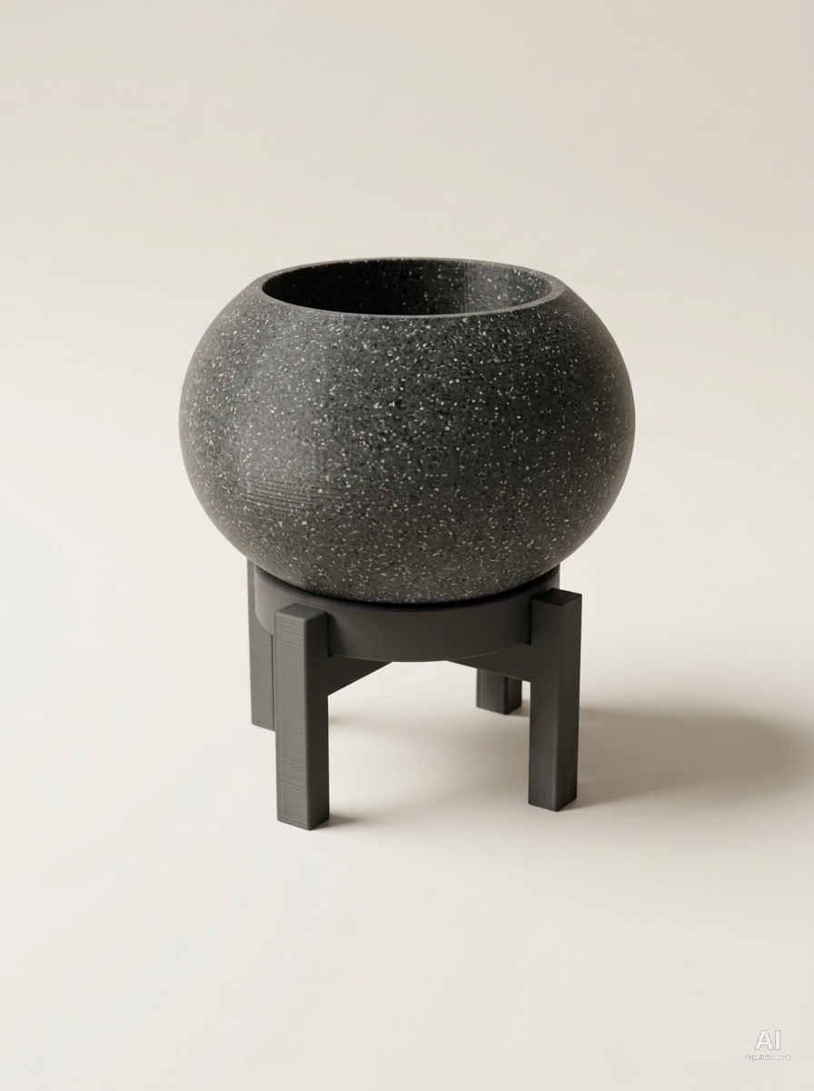 Rono — Vaso a sfera liscio con sottovaso e supporto, stampato in 3D - Grigio Pietra / Carbone