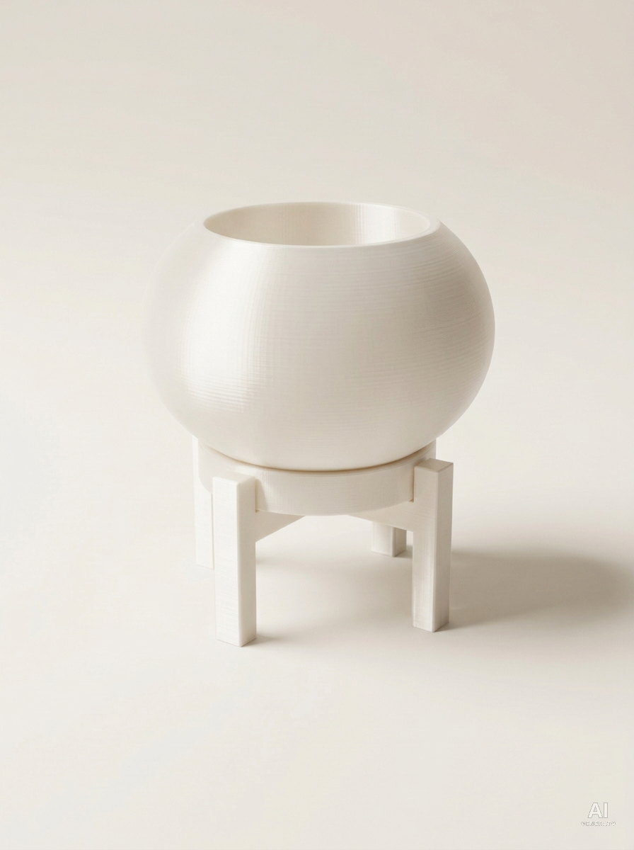 Rono — Vaso a sfera liscio con sottovaso e supporto, stampato in 3D - Bianco Silk / Bianco Silk