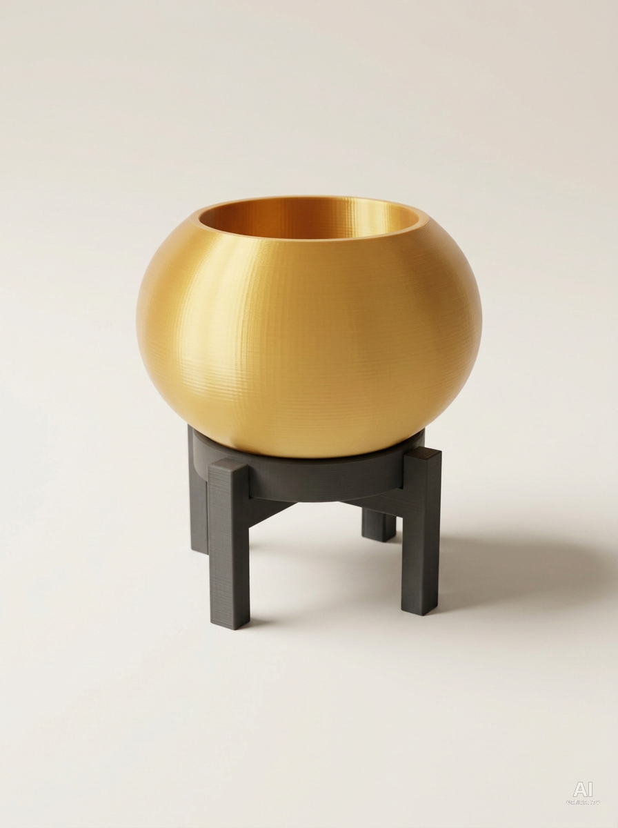 Rono — Vaso a sfera liscio con sottovaso e supporto, stampato in 3D - Oro Silk / Carbone