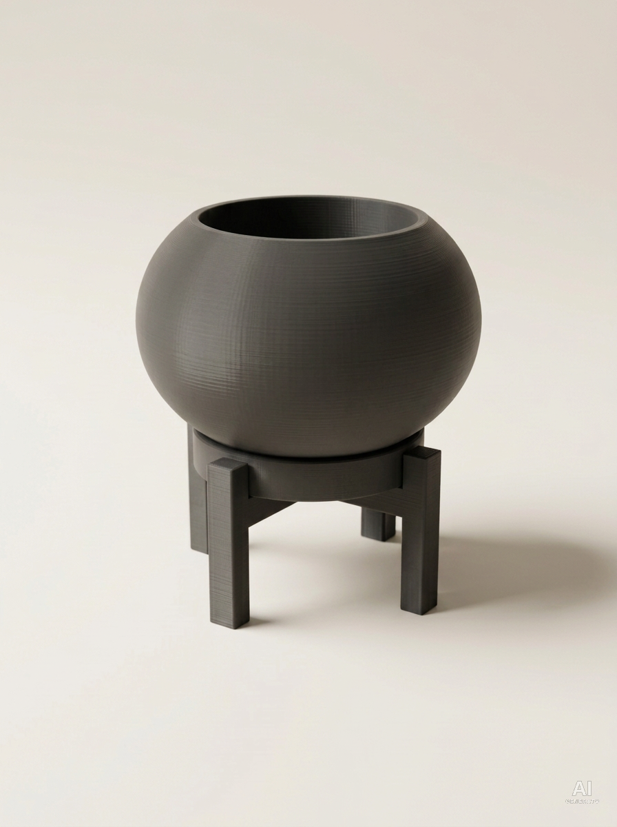 Rono — Vaso a sfera liscio con sottovaso e supporto, stampato in 3D - Carbone / Carbone