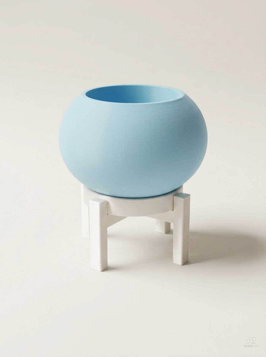 Rono — Vaso a sfera liscio con sottovaso e supporto, stampato in 3D - Blu Ghiaccio / Bianco Silk