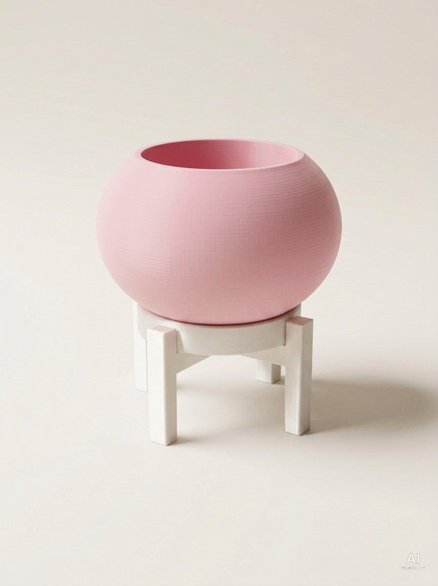 Rono — Vaso a sfera liscio con sottovaso e supporto, stampato in 3D - Rosa / Bianco Silk