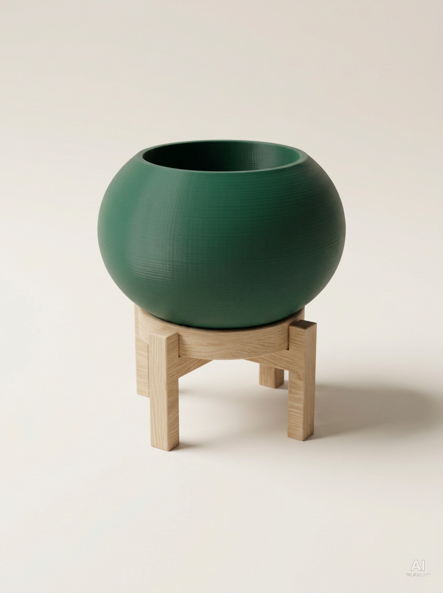 Rono — Vaso a sfera liscio con sottovaso e supporto, stampato in 3D - Verde Scuro / Legno Rovere