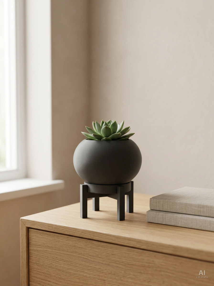 Rono — Vaso a sfera liscio con sottovaso e supporto, stampato in 3D — ambientata — vaso sferico